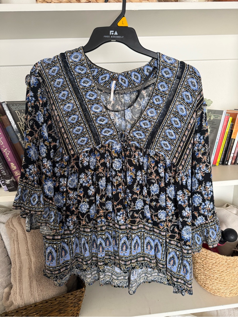 Free People Black & Blue Floral Peasant Tunic